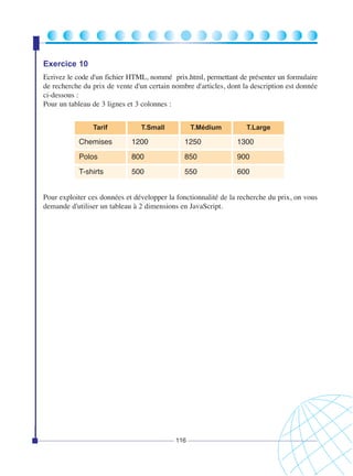 Exercice 10
Ecrivez le code d'un fichier HTML, nommé prix.html, permettant de présenter un formulaire
de recherche du prix de vente d'un certain nombre d'articles, dont la description est donnée
ci-dessous :
Pour un tableau de 3 lignes et 3 colonnes :
Tarif

T.Small

T.Médium

T.Large

Chemises

1200

1250

1300

Polos

800

850

900

T-shirts

500

550

600

Pour exploiter ces données et développer la fonctionnalité de la recherche du prix, on vous
demande d'utiliser un tableau à 2 dimensions en JavaScript.

116

 