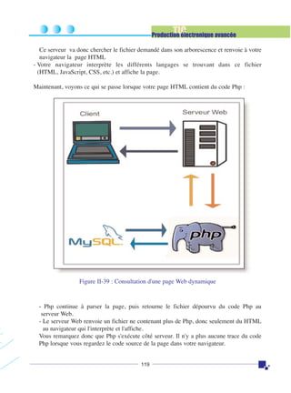 TIC

Production électronique avancée
Ce serveur va donc chercher le fichier demandé dans son arborescence et renvoie à votre
navigateur la page HTML
- Votre navigateur interprète les différents langages se trouvant dans ce fichier
(HTML, JavaScript, CSS, etc.) et affiche la page.
Maintenant, voyons ce qui se passe lorsque votre page HTML contient du code Php :

Figure II-39 : Consultation d'une page Web dynamique

- Php continue à parser la page, puis retourne le fichier dépourvu du code Php au

serveur Web.
- Le serveur Web renvoie un fichier ne contenant plus de Php, donc seulement du HTML
au navigateur qui l'interprète et l'affiche.
Vous remarquez donc que Php s'exécute côté serveur. Il n'y a plus aucune trace du code
Php lorsque vous regardez le code source de la page dans votre navigateur.

119

 