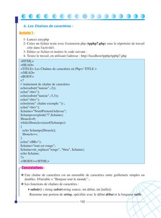 b. Les Chaînes de caractères :

Activité 7 :
1- Lancez easyphp
2- Créez un fichier texte avec l'extension php (tpphp7.php) sous le répertoire de travail
crée dans l'activité1.
3- Editez ce fichier et insérez le code suivant :
4- Testez le travail, en utilisant l'adresse : http://localhost/tpphp/tpphp7.php
<HTML>
<HEAD>
<TITLE> Les Chaînes de caractères en Php</ TITLE >
</HEAD>
<BODY>
<?
// traitement de chaîne de caractères
echo(substr("tunisie",-2));
echo("<br>");
echo(substr("tunisie",-5,3));
echo("<br>");
echo(trim(" chaîne exemple ")) ;
echo("<br>");
$chaine="Nom|Prenom|Adresse";
$champs=explode("|",$chaine);
$boucle=0;
while($boucle<sizeof($champs))
{
echo $champs[$boucle];
$boucle++;
}
echo("<BR>");
$chaine="tout est rouge";
$chaine=str_replace("rouge", "bleu", $chaine);
echo $chaine;
?>
</BODY></HTML>

Constatations :
❖ Une chaîne de caractères est un ensemble de caractères entre guillemets simples ou
doubles. $Variable = "Bonjour tout le monde" ;
❖ Les fonctions de chaînes de caractères :

substr() : string substr(string source, int début, int [taille])
Retourne une portion de string, spécifiée avec le début début et la longueur taille.
132

 