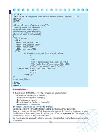 <HTML>
<HEAD><TITLE> la gestion d'une base de données MySQL en Php</TITLE>
</HEAD>
<BODY>
<?
$ idc=mysql_connect("localhost","root","");
$ c=mysql_select_db("formation");
$requete="select * from eleve";
$resultat=mysql_query($requete);
echo mysql_num_rows($resultat);
?>
<TABLE border=1>
<TR>
<TD> num_ordre </TD>
<TD> nom_prenom </TD>
<TD> classe </TD>
<TD> moy_ann </TD>
</TR>
<? while($enreg=mysql_fetch_array($resultat))
{
?>
<TR>
<TD><? echo $enreg["num_ordre"];?></TD>
<TD><?echo $enreg["nom_prenom"];?></TD>
<TD><? echo $enreg["classe"];?></TD>
<TD><? echo $enreg["moy_ann"];?></TD>
</TR>
<? } ?>
</TABLE>
<?
mysql_close ($idc) ;
?>
</BODY>
</HTML>

Constatations :
❖ L'utilisation de MySQL avec Php s'effectue en quatre étapes :
- Connexion au serveur de données ;
- Sélection de la base de données ;
- Exécution de la requête ;
- Exploitation des résultats de la requête ;
- Fermeture de la connexion.
1er étape : Connexion au serveur de données
int mysql_connect (string hostname, string username, string password)
Pour se connecter, il faut définir l'adresse du serveur de données ainsi que le nom
d'utilisateur et le mot de passe. La valeur par défaut de hostname est "localhost", de
username est "root" et de password est "".
La fonction mysql_connect() retourne un entier permettant de vérifier l'établissement de la
connexion.
136

 