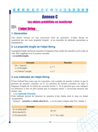Annexe C
Les objets prédéfinis en JavaScript

I.

L'objet String :

1. Généralités
Une chaîne (string) est une succession finie de caractères. L'objet String est
caractérisé par une seule propriété (length) et un ensemble de méthodes permettant sa
manipulation.

2. La propriété length de l'objet String
la propriété length permet de retourner la longueur d'une chaîne de caractères ou 0 si elle est
vide. Elle s'applique avec la syntaxe suivante:
x=variable.length;
Exemple

Résultat

Ch = "tunisie";
n = Ch.length ;

n=7

x=("tunisie").length;

x=7

3. Les méthodes de l'objet String
Il faut d'abord bien noter que les caractères sont comptés de gauche à droite et que la
position du premier caractère est 0. La position du dernier caractère est donc la
longueur (length) de la chaîne de caractère moins 1; Si la position que vous indiquez
est inférieure à zéro ou plus grande que la longueur moins 1, Javascript retourne une
chaîne vide.
La méthode CharAt()
Cette méthode permet de retourner le caractère d’une chaîne dont le rang est donné
en paramètre.
Syntaxe : caractère = chaîne.charAt(x); x est un entier compris entre 0 et length -1.
Exemple

X="LANGAGE";
R=X.charAt(3);
C=X.charAt(10)

Résultat

R="G"
C ="" (Le vide)
161

 