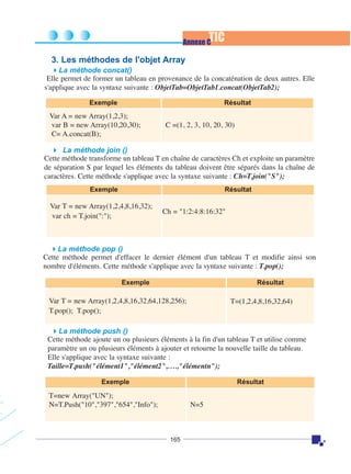 TIC

Annexe C

3. Les méthodes de l'objet Array
La méthode concat()
Elle permet de former un tableau en provenance de la concaténation de deux autres. Elle
s'applique avec la syntaxe suivante : ObjetTab=ObjetTab1.concat(ObjetTab2);
Exemple

Résultat

Var A = new Array(1,2,3);
var B = new Array(10,20,30);
C= A.concat(B);

C =(1, 2, 3, 10, 20, 30)

La méthode join ()
Cette méthode transforme un tableau T en chaîne de caractères Ch et exploite un paramètre
de séparation S par lequel les éléments du tableau doivent être séparés dans la chaîne de
caractères. Cette méthode s'applique avec la syntaxe suivante : Ch=T.join("S");
Exemple

Résultat

Var T = new Array(1,2,4,8,16,32);
var ch = T.join(":");

Ch = "1:2:4:8:16:32"

La méthode pop ()
Cette méthode permet d'effacer le dernier élément d'un tableau T et modifie ainsi son
nombre d'éléments. Cette méthode s'applique avec la syntaxe suivante : T.pop();
Exemple

Résultat

Var T = new Array(1,2,4,8,16,32,64,128,256);
T.pop(); T.pop();

T=(1,2,4,8,16,32,64)

La méthode push ()
Cette méthode ajoute un ou plusieurs éléments à la fin d'un tableau T et utilise comme
paramètre un ou plusieurs éléments à ajouter et retourne la nouvelle taille du tableau.
Elle s'applique avec la syntaxe suivante :
Taille=T.push("élément1","élément2",….,"élémentn");
Exemple

Résultat

T=new Array("UN");
N=T.Push("10","397","654","Info");

N=5

165

 