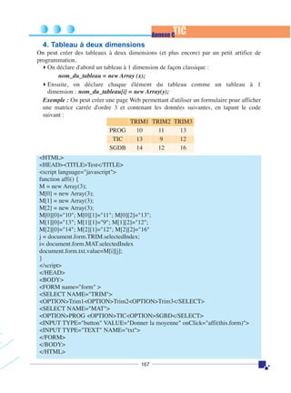 TIC

Annexe C

4. Tableau à deux dimensions
On peut créer des tableaux à deux dimensions (et plus encore) par un petit artifice de
programmation.
On déclare d'abord un tableau à 1 dimension de façon classique :
nom_du_tableau = new Array (x);
Ensuite, on déclare chaque élément du tableau comme un tableau à 1
dimension : nom_du_tableau[i] = new Array(y);
Exemple : On peut créer une page Web permettant d'utiliser un formulaire pour afficher
une matrice carrée d'ordre 3 et contenant les données suivantes, en tapant le code
suivant :
TRIM1 TRIM2 TRIM3
PROG
10
11
13
TIC
13
9
12
SGDB
14
12
16
<HTML>
<HEAD><TITLE>Test</TITLE>
<script language="javascript">
function affi() {
M = new Array(3);
M[0] = new Array(3);
M[1] = new Array(3);
M[2] = new Array(3);
M[0][0]="10"; M[0][1]="11"; M[0][2]="13";
M[1][0]="13"; M[1][1]="9"; M[1][2]="12";
M[2][0]="14"; M[2][1]="12"; M[2][2]="16"
j = document.form.TRIM.selectedIndex;
i= document.form.MAT.selectedIndex
document.form.txt.value=M[i][j];
}
</script>
</HEAD>
<BODY>
<FORM name="form" >
<SELECT NAME="TRIM">
<OPTION>Trim1<OPTION>Trim2<OPTION>Trim3</SELECT>
<SELECT NAME="MAT">
<OPTION>PROG <OPTION>TIC<OPTION>SGBD</SELECT>
<INPUT TYPE="button" VALUE="Donner la moyenne" onClick="affi(this.form)">
<INPUT TYPE="TEXT" NAME="txt">
</FORM>
</BODY>
</HTML>
167

 