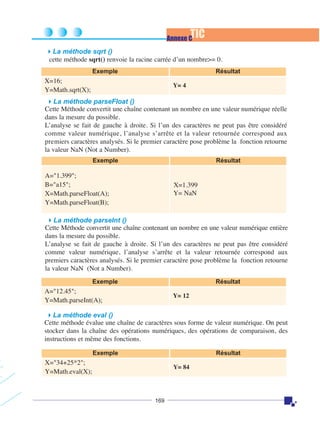 TIC

Annexe C

La méthode sqrt ()
cette méthode sqrt() renvoie la racine carrée d’un nombre>= 0.
Exemple

Résultat

X=16;
Y=Math.sqrt(X);

Y= 4

La méthode parseFloat ()
Cette Méthode convertit une chaîne contenant un nombre en une valeur numérique réelle
dans la mesure du possible.
L’analyse se fait de gauche à droite. Si l’un des caractères ne peut pas être considéré
comme valeur numérique, l’analyse s’arrête et la valeur retournée correspond aux
premiers caractères analysés. Si le premier caractère pose problème la fonction retourne
la valeur NaN (Not a Number).
Exemple

Résultat

A="1.399";
B="a15";
X=Math.parseFloat(A);
Y=Math.parseFloat(B);

X=1.399
Y= NaN

La méthode parseInt ()
Cette Méthode convertit une chaîne contenant un nombre en une valeur numérique entière
dans la mesure du possible.
L’analyse se fait de gauche à droite. Si l’un des caractères ne peut pas être considéré
comme valeur numérique, l’analyse s’arrête et la valeur retournée correspond aux
premiers caractères analysés. Si le premier caractère pose problème la fonction retourne
la valeur NaN (Not a Number).
Exemple

Résultat

A="12.45";
Y=Math.parseInt(A);

Y= 12

La méthode eval ()
Cette méthode évalue une chaîne de caractères sous forme de valeur numérique. On peut
stocker dans la chaîne des opérations numériques, des opérations de comparaison, des
instructions et même des fonctions.
Exemple

Résultat

X="34+25*2";
Y=Math.eval(X);

Y= 84

169

 