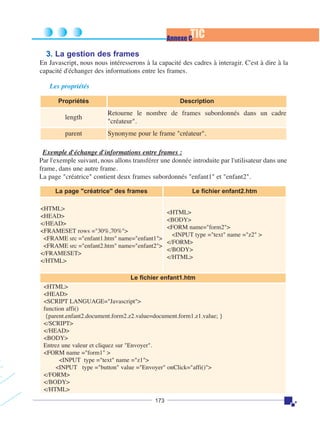 TIC

Annexe C

3. La gestion des frames
En Javascript, nous nous intéresserons à la capacité des cadres à interagir. C'est à dire à la
capacité d'échanger des informations entre les frames.
Les propriétés
Propriétés

Description

length

Retourne le nombre de frames subordonnés dans un cadre
"créateur".

parent

Synonyme pour le frame "créateur".

Exemple d'échange d'informations entre frames :
Par l'exemple suivant, nous allons transférer une donnée introduite par l'utilisateur dans une
frame, dans une autre frame.
La page "créatrice" contient deux frames subordonnés "enfant1" et "enfant2".
La page "créatrice" des frames

Le fichier enfant2.htm

<HTML>
<HEAD>
</HEAD>
<FRAMESET rows ="30%,70%">
<FRAME src ="enfant1.htm" name="enfant1">
<FRAME src ="enfant2.htm" name="enfant2">
</FRAMESET>
</HTML>

<HTML>
<BODY>
<FORM name="form2">
<INPUT type ="text" name ="z2" >
</FORM>
</BODY>
</HTML>

Le fichier enfant1.htm
<HTML>
<HEAD>
<SCRIPT LANGUAGE="Javascript">
function affi()
{parent.enfant2.document.form2.z2.value=document.form1.z1.value; }
</SCRIPT>
</HEAD>
<BODY>
Entrez une valeur et cliquez sur "Envoyer".
<FORM name ="form1" >
<INPUT type ="text" name ="z1">
<INPUT type ="button" value ="Envoyer" onClick="affi()">
</FORM>
</BODY>
</HTML>
173

 