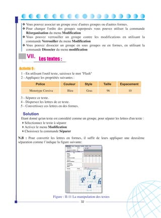 ❖ Vous pouvez associer un groupe avec d'autres groupes ou d'autres formes.
❖ Pour changer l'ordre des groupes superposés vous pouvez utiliser la commande
Réorganisation du menu Modification
❖ Vous pouvez verrouiller un groupe contre les modifications en utilisant la
commande Verrouiller du menu Modification
❖ Vous pouvez dissocier un groupe en sous groupes ou en formes, en utilisant la
commande Dissocier du menu modification

VII. Les textes :
Activité 9 :
1 - En utilisant l'outil texte, saisissez le mot "Flash"
2 - Appliquez les propriétés suivantes :
Police

Couleur

Style

Taille

Espacement

Monotype Corsiva

Bleu

Gras

96

10

3 - Séparez ce texte.
4 - Dispersez les lettres de ce texte.
5 - Convertissez ces lettres en des formes.

Solution
Etant donné qu'un texte est considéré comme un groupe, pour séparer les lettres d'un texte :
Sélectionnez le texte à séparer
Activez le menu Modification
Choisissez la commande Séparer
N.B : Pour convertir les lettres en formes, il suffit de leurs appliquer une deuxième
séparation comme l’indique la figure suivante:

Figure : II-11 La manipulation des textes
32

 