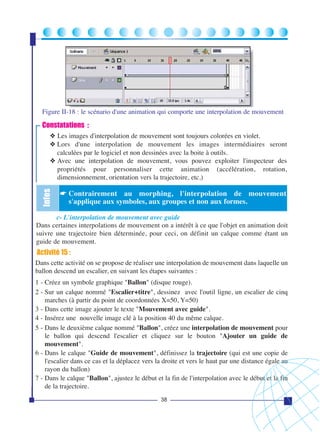 Figure II-18 : le scénario d'une animation qui comporte une interpolation de mouvement

Constatations :

Infos

❖ Les images d'interpolation de mouvement sont toujours colorées en violet.
❖ Lors d'une interpolation de mouvement les images intermédiaires seront
calculées par le logiciel et non dessinées avec la boite à outils.
❖ Avec une interpolation de mouvement, vous pouvez exploiter l'inspecteur des
propriétés pour personnaliser cette animation (accélération, rotation,
dimensionnement, orientation vers la trajectoire, etc.)

☛ Contrairement au morphing, l'interpolation de mouvement
s'applique aux symboles, aux groupes et non aux formes.

c- L'interpolation de mouvement avec guide
Dans certaines interpolations de mouvement on a intérêt à ce que l'objet en animation doit
suivre une trajectoire bien déterminée, pour ceci, on définit un calque comme étant un
guide de mouvement.

Activité 15 :
Dans cette activité on se propose de réaliser une interpolation de mouvement dans laquelle un
ballon descend un escalier, en suivant les étapes suivantes :
1 - Créez un symbole graphique "Ballon" (disque rouge).
2 - Sur un calque nommé "Escalier+titre", dessinez avec l'outil ligne, un escalier de cinq
marches (à partir du point de coordonnées X=50, Y=50)
3 - Dans cette image ajouter le texte "Mouvement avec guide".
4 - Insérez une nouvelle image clé à la position 40 du même calque.
5 - Dans le deuxième calque nommé "Ballon", créez une interpolation de mouvement pour
le ballon qui descend l'escalier et cliquez sur le bouton "Ajouter un guide de
mouvement".
6 - Dans le calque "Guide de mouvement", définissez la trajectoire (qui est une copie de
l'escalier dans ce cas et la déplacez vers la droite et vers le haut par une distance égale au
rayon du ballon)
7 - Dans le calque "Ballon", ajustez le début et la fin de l'interpolation avec le début et la fin
de la trajectoire.
38

 