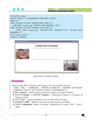 TIC

Production électronique avancée
<P ALIGN= center>
<FONT SIZE="6" >L'INSERTION D'IMAGES </FONT>
<BR></P>
<HR COLOR="#123456" WIDTH="400" SIZE="2">
<IMG SRC="image1.jpg" WIDTH="200" HEIGHT="150">
<HR COLOR="#123456" WIDTH="400" SIZE="2">
<IMG SRC="image2.jpg" WIDTH="200" HEIGHT="150" ALIGN="right"
BORDER="2"
ALT="image insérée">
</BODY></HTML>

Figure II-30 : Insertion d'images

Constatations :
Dans les pages Web, l'insertion d'une image se fait avec la balise suivante :
<IMG SRC ="ADRESSE" WIDTH="LARGEUR" HEIGHT="HAUTEUR"
BORDER="TAILLE" ALT="TEXTE" ALIGN="ALIGNEMENT">
❖ SRC="adresse" : définit l'adresse absolue ou relative de l'image à afficher.
❖ WIDTH="largeur" et HEIGHT="hauteur" : définissent la largeur et la hauteur de
l'image en pixels.
❖ ALT="texte" : permet de définir le texte de l'info bulle de l'image
❖ BORDER="taille" : définit la largeur de la bordure autour de l'image.
❖ ALIGN="alignement" permet de définir l'alignement de l'image ("left", "center",
"right").

59

 