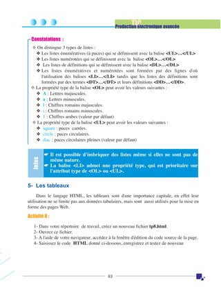 TIC

Production électronique avancée

Constatations :

Infos

✧ On distingue 3 types de listes :
❖ Les listes énumératives (à puces) qui se définissent avec la balise <UL>…</UL>
❖ Les listes numérotées qui se définissent avec la balise <OL>…</OL>
❖ Les listes de définitions qui se définissent avec la balise <DL>…</DL>
❖ Les listes énumératives et numérotées sont formées par des lignes d'où
l'utilisation des balises <LI>…</LI> tandis que les listes des définitions sont
formées par des termes <DT>…</DT> et leurs définitions <DD>…</DD>.
✧ La propriété type de la balise <OL> peut avoir les valeurs suivantes :
❖ A : Lettres majuscules.
❖ a : Lettres minuscules.
❖ I : Chiffres romains majuscules.
❖ i : Chiffres romains minuscules.
❖ 1 : Chiffres arabes (valeur par défaut)
✧ La propriété type de la balise <UL> peut avoir les valeurs suivantes :
❖ square : puces carrées.
❖ circle : puces circulaires.
❖ disc : puces circulaires pleines (valeur par défaut)

☛ Il est possible d'imbriquer des listes même si elles ne sont pas de
même nature.
☛ La balise <LI> admet une propriété type, qui est prioritaire sur
l'attribut type de <OL> ou <UL>.

5- Les tableaux
Dans le langage HTML, les tableaux sont d'une importance capitale, en effet leur
utilisation ne se limite pas aux données tabulaires, mais sont aussi utilisés pour la mise en
forme des pages Web.

Activité 8 :
1- Dans votre répertoire de travail, créez un nouveau fichier tp8.html.
2- Ouvrez ce fichier.
3- A l'aide de votre navigateur, accédez à la fenêtre d'édition du code source de la page.
4- Saisissez le code HTML donné ci-dessous, enregistrez et testez de nouveau

63

 