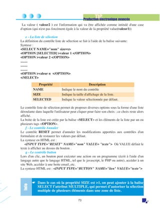 TIC

Production électronique avancée
La valeur ( valeur2 ) est l'information qui va être affichée comme intitulé d'une case
d'option (qui n'est pas forcément égale à la valeur de la proprièté value(valeur1))
e - La liste de sélection
La définition du contrôle liste de sélection se fait à l'aide de la balise suivante:
Syntaxe :
<SELECT NAME="nom" size=x>
<OPTION [SELECTED] >valeur 1 </OPTION>
<OPTION >valeur 2 </OPTION>
........
........
........
<OPTION >valeur n </OPTION>
</SELECT>
Propriété
NAME
SIZE
SELECTED

Description
Indique le nom du contrôle
Indique la taille d'affichage de la liste.
Indique la valeur sélectionnée par défaut.

Info

Le contrôle liste de sélection permet de proposer diverses options sous la forme d'une liste
déroulante dans laquelle l'utilisateur peut cliquer pour faire son choix ; ce choix reste alors
affiché.
La boite de la liste est créée par la balise <SELECT> et les éléments de la liste par un ou
plusieurs tags <OPTION>.
f - Le contrôle Annuler
Le contrôle RESET permet d'annuler les modifications apportées aux contrôles d'un
formulaire et de restaurer les valeurs par défaut.
La syntaxe en HTML est :
<INPUT TYPE="RESET" NAME="nom" VALUE= "texte"> Où VALUE définit le
texte à afficher au dessus du bouton .
g - Le contrôle button
Lors d'un clic, un bouton peut exécuter une action ou un programme (écrit à l'aide d'un
langage autre que le langage HTML, tel que le javascript, le PHP ou autre), accéder à un
site Web, accéder à une boite email, etc.
La syntaxe HTML est : <INPUT TYPE="BUTTON" NAME="lien" VALUE="texte">

☛ Dans le cas où la propriété SIZE est >1, on peut ajouter à la balise
SELECT l’attribut MULTIPLE, qui permet d’autoriser la sélection
multiple de plusieurs éléments dans une zone de liste.
73

 