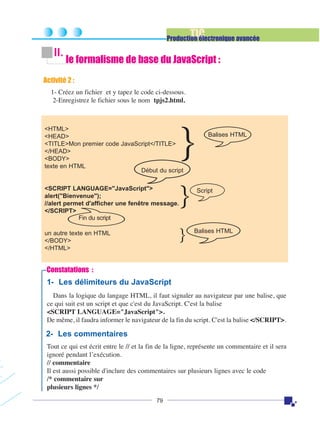 TIC

Production électronique avancée

II.

le formalisme de base du JavaScript :

Activité 2 :
1- Créez un fichier et y tapez le code ci-dessous.
2-Enregistrez le fichier sous le nom tpjs2.html.

}

<HTML>
<HEAD>
<TITLE>Mon premier code JavaScript</TITLE>
</HEAD>
<BODY>
texte en HTML
Début du script
<SCRIPT LANGUAGE="JavaScript">
alert("Bienvenue");
//alert permet d'afficher une fenêtre message.
</SCRIPT>
Fin du script

}

un autre texte en HTML
</BODY>
</HTML>

}

Balises HTML

Script

Balises HTML

Constatations :

1- Les délimiteurs du JavaScript
Dans la logique du langage HTML, il faut signaler au navigateur par une balise, que
ce qui suit est un script et que c'est du JavaScript. C'est la balise
<SCRIPT LANGUAGE="JavaScript">.
De même, il faudra informer le navigateur de la fin du script. C'est la balise </SCRIPT>.

2- Les commentaires
Tout ce qui est écrit entre le // et la fin de la ligne, représente un commentaire et il sera
ignoré pendant l’exécution.
// commentaire
Il est aussi possible d'inclure des commentaires sur plusieurs lignes avec le code
/* commentaire sur
plusieurs lignes */
79

 