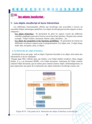 III.

les objets JavaScript :

1- Les objets JavaScript et leurs hiérarchies
Les différentes fonctionnalités offertes par JavaScript sont accessibles à travers un
ensemble d'objets intrinsèques prédéfinis. Les objets JavaScript peuvent être répartis en deux
catégories :
- Les objets d'interface : Ils permettent de gérer les aspects visuels des différents
contrôles graphiques pouvant se trouver au niveau d'une interface. On peut citer comme
exemple : l'objet window, document, button, radio, checkbox…etc.
- Les objets des propriétés et des fonctions prédéfinies : Ils permettent de fournir les
différentes ressources requises pour la programmation. Ces objets sont : L'objet string,
math, date, navigator, array, et object.
a- La hiérarchie des objets d'interface
JavaScript divise une page web en objets. Il permet d'accéder à ces objets, d'en retirer des
informations et de les manipuler.
Chaque page Web s'affiche dans une fenêtre, c'est l'objet fenêtre (window). Dans chaque
fenêtre, il y a un document HTML, c'est l'objet document. Autrement dit l'objet window
contient l'objet document, qui lui même peut contenir d'autres objets. Schématiquement, on
peut représenter une partie de la hiérarchie des objets d'interface JavaScript comme suit :

Figure II-35 : Une partie de la hiérarchie des objets d’interface en JavaScript
80

 