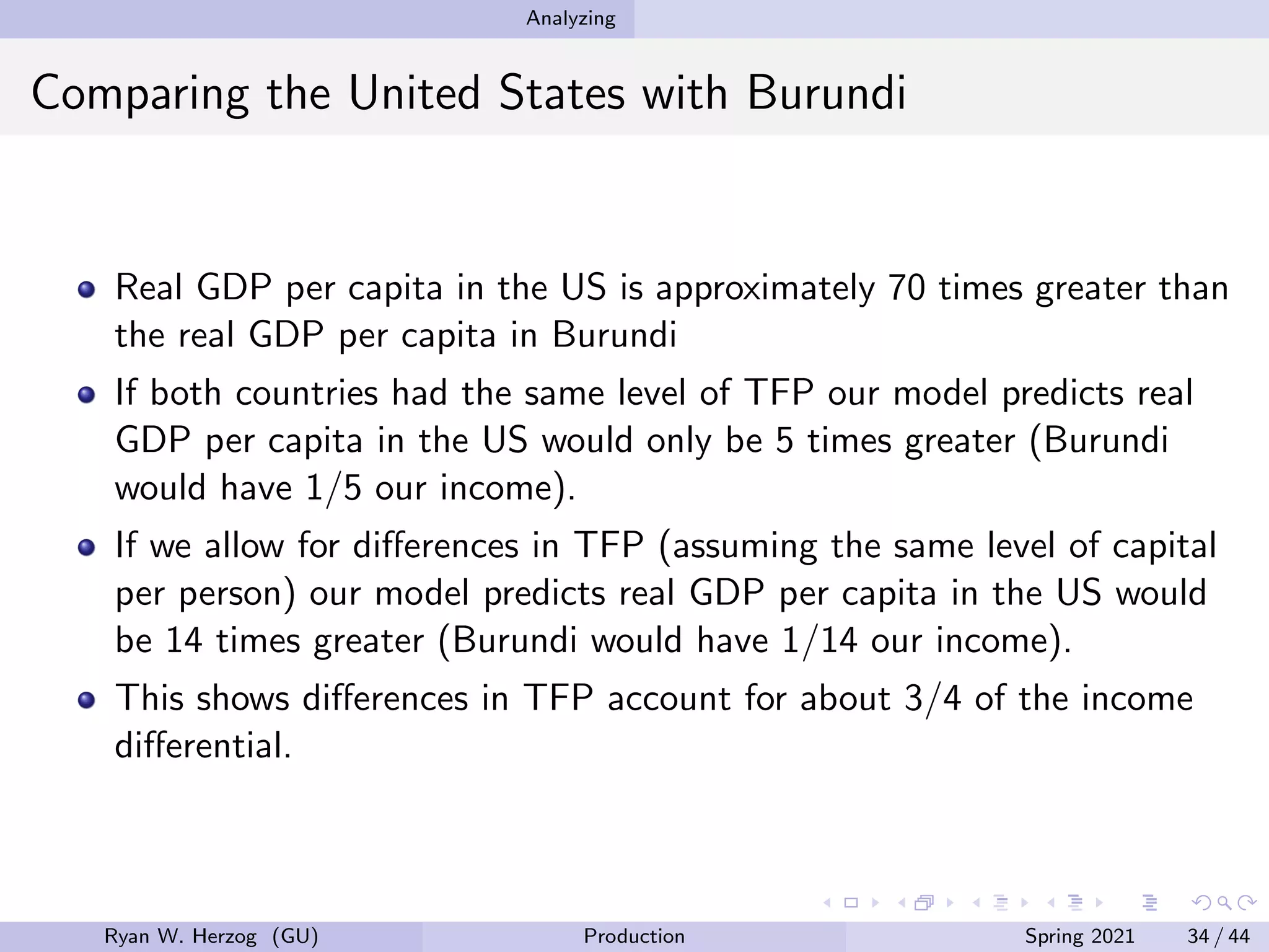 Analyzing
Comparing the United States with Burundi
Real GDP per capita in the US is approximately 70 times greater than
the real GDP per capita in Burundi
If both countries had the same level of TFP our model predicts real
GDP per capita in the US would only be 5 times greater (Burundi
would have 1/5 our income).
If we allow for differences in TFP (assuming the same level of capital
per person) our model predicts real GDP per capita in the US would
be 14 times greater (Burundi would have 1/14 our income).
This shows differences in TFP account for about 3/4 of the income
differential.
Ryan W. Herzog (GU) Production Spring 2021 34 / 44
 