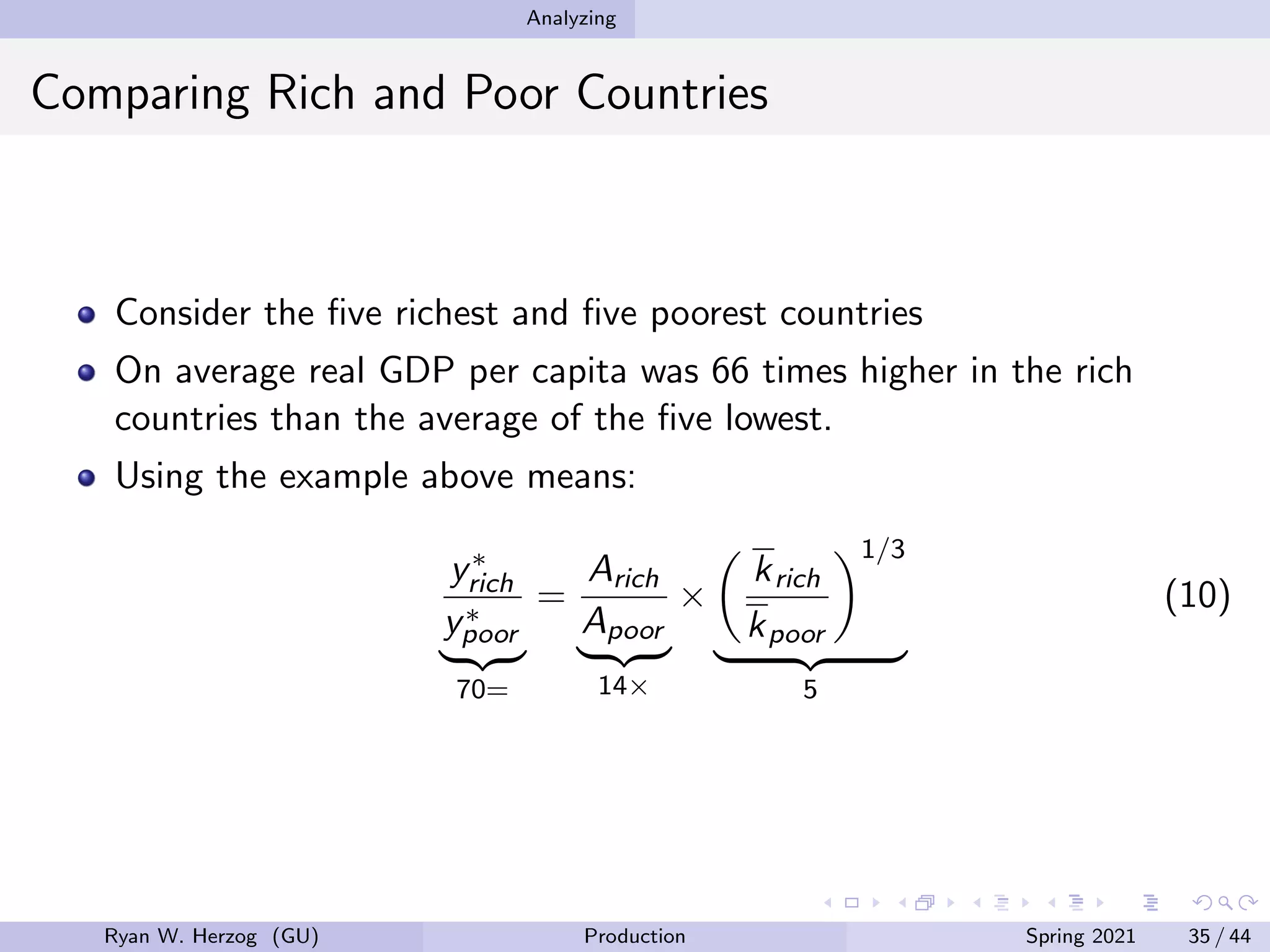 Analyzing
Comparing Rich and Poor Countries
Consider the five richest and five poorest countries
On average real GDP per capita was 66 times higher in the rich
countries than the average of the five lowest.
Using the example above means:
y∗
rich
y∗
poor
| {z }
70=
=
Arich
Apoor
| {z }
14×
×

krich
kpoor
1/3
| {z }
5
(10)
Ryan W. Herzog (GU) Production Spring 2021 35 / 44
 