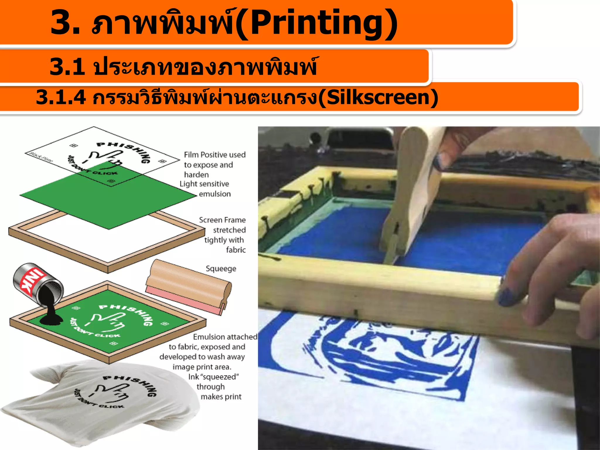 3. ภาพพิมพ(Printing)
 3.1 ประเภทของภาพพิมพ
3.1.4 กรรมวิธีพิมพผานตะแกรง(Silkscreen)
 