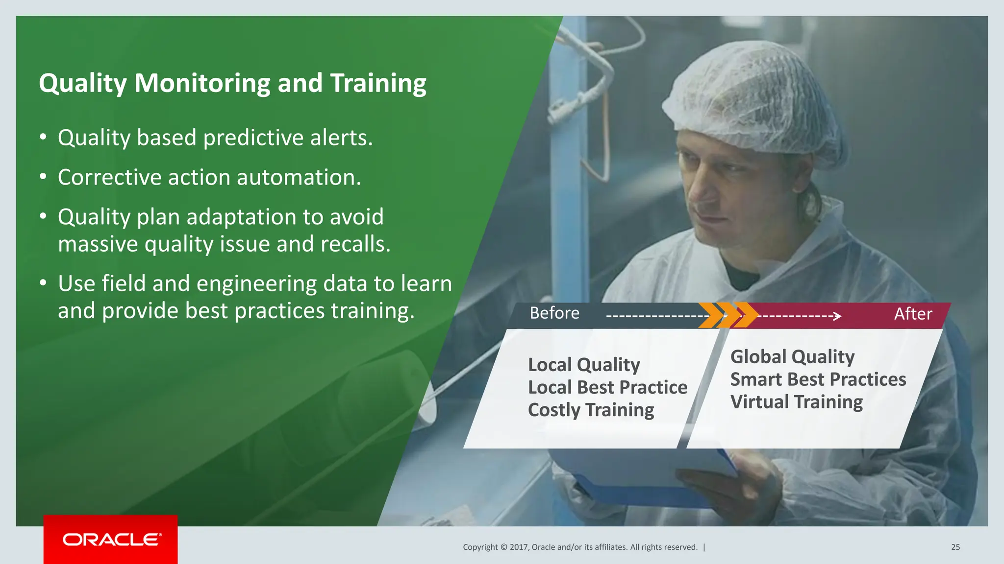 Copyright © 2017, Oracle and/or its affiliates. All rights reserved. |
Copyright © 2017, Oracle and/or its affiliates. All rights reserved. | 25
Quality Monitoring and Training
• Quality based predictive alerts.
• Corrective action automation.
• Quality plan adaptation to avoid
massive quality issue and recalls.
• Use field and engineering data to learn
and provide best practices training.
Local Quality
Local Best Practice
Costly Training
Global Quality
Smart Best Practices
Virtual Training
Before After
 
