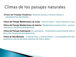 -Clima del Paisaje Oceánico: Inviernos suaves y veranos frescos y
precipitaciones abundantes.
-Clima del Paisaje Mediterráneo de costa : Invierno suave , verano caluroso y seco .
-Clima del Paisaje Mediterráneo de Interior :Mediterráneo inviernos fríos , veranos
-calurosos y escasas precipitaciones .
-Clima del Paisaje Subtropical: Es subtropical . Temperatura suave durante todo el
año y hay escasez de precipitaciones .
-Clima de Alta Montaña :. Inviernos fríos y veranos frescos . Las precipitaciones son
superiores a las de las áreas próximas de menor altitud .
 