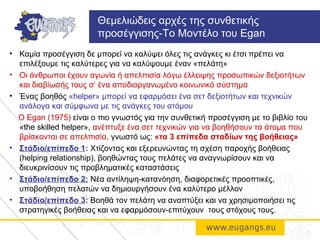 • Καμία προσέγγιση δε μπορεί να καλύψει όλες τις ανάγκες κι έτσι πρέπει να
επιλέξουμε τις καλύτερες για να καλύψουμε έναν «πελάτη»
• Οι άνθρωποι έχουν αγωνία ή απελπισία λόγω έλλειψης προσωπικών δεξιοτήτων
και διαβίωσής τους σ’ ένα αποδιοργανωμένο κοινωνικό σύστημα
• Ένας βοηθός «helper» μπορεί να εφαρμόσει ένα σετ δεξιοτήτων και τεχνικών
ανάλογα και σύμφωνα με τις ανάγκες του ατόμου
Ο Egan (1975) είναι ο πιο γνωστός για την συνθετική προσέγγιση με το βιβλίο του
«the skilled helper», ανέπτυξε ένα σετ τεχνικών για να βοηθήσουν τα άτομα που
βρίσκονται σε απελπισία, γνωστό ως: «τα 3 επίπεδα σταδίων της βοήθειας»
• Στάδιο/επίπεδο 1: Χτίζοντας και εξερευνώντας τη σχέση παροχής βοήθειας
(helping relationship), βοηθώντας τους πελάτες να αναγνωρίσουν και να
διευκρινίσουν τις προβληματικές καταστάσεις
• Στάδιο/επίπεδο 2: Νέα αντίληψη-κατανόηση, διαφορετικές προοπτικές,
υποβοήθηση πελατών να δημιουργήσουν ένα καλύτερο μέλλον
• Στάδιο/επίπεδο 3: Βοηθά τον πελάτη να αναπτύξει και να χρησιμοποιήσει τις
στρατηγικές βοήθειας και να εφαρμόσουν-επιτύχουν τους στόχους τους.
Θεμελιώδεις αρχές της συνθετικής
προσέγγισης-Το Μοντέλο του Egan
 
