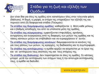 • Δεν είναι ίδια για όλες τις ομάδες ούτε καταλήγουν όλες στην τελευταία φάση
(διάλυση). Η δομή, η μορφή, οι στόχοι της επηρεάζουν την εξέλιξή της και
περνούν από (5) διαφορετικά στάδια (Τούκμαν):
• Το στάδιο της διαμόρφωσης ομάδας: καθορίζονται η θέση κάθε μέλους
και ο βαθμός αποδοχής του από τα υπόλοιπα μέλη της ομάδας.
• Το στάδιο της σύγκρουσης: εμφανίζονται επιφυλάξεις, αρνήσεις,
αντιρρήσεις και συγκρούσεις από τις διαφορές των μελών της ομάδας και τις
τάσεις κάποιων μελών να επιβληθούν και να κυριαρχήσουν σ΄ αυτήν.
• Το στάδιο της διαμόρφωσης κανόνων: διαμορφώνονται οι κανόνες της
για τους ρόλους των μελών, τις ιεραρχίες, τις διαδικασίες και τη συμπεριφορά.
• Το στάδιο της εκπλήρωσης: η ομάδα αρχίζει να ασχολείται με το έργο της
και να εκπληρώνει τους σκοπούς της και τους στόχους της.
• Το στάδιο της διάλυσης: Δεν παρατηρείται σε όλες τις ομάδες. Σε κάποιες
μπορεί μετά την εκπλήρωση των στόχων τους ή την αποτυχία εκπλήρωσής
τους, η ομάδα να διαλυθεί.
Στάδια για τη ζωή και εξέλιξη των
Ομάδων
 