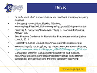 • Εκπαιδευτικό υλικό παρουσιάσεων και handbook του προγράμματος
eugangs
• Η δυναμική των ομάδων, Πωλίνα Πάντζου,
www.nsph.gr/Files/006_Koinoniologias/pp_group%20dynamics.doc
• Γεώργας Δ. Κοινωνική Ψυχολογία. Τόμος Β. Ελληνικά Γράμματα.
Αθήνα 1995.
• Best Practice Guidance for Restorative Practice /restorative justice
council, 2011
• Restorative Justice Council-http://www.restorativejustice.org.uk
• Κοινωνιολογικές προσεγγίσεις της παρέκκλισης και του εγκλήματος,
http://crimevssocialcontrol.blogspot.gr/2013/05/blog-post_3331.html
• Gangs from Different Sociological Perspectives and theories,
http://www.ukessays.com/essays/sociology/gangs-from-different-
sociological-perspectives-and-theories-sociology-essay.php
Πηγές
 