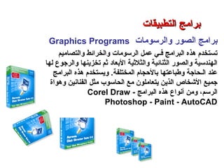 ‫والرسومات‬ ‫الصور‬ ‫برامج‬Graphics Programs
‫والتصاميم‬ ‫والخرائط‬ ‫الرسومات‬ ‫عمل‬ ‫فـي‬ ‫البرامج‬ ‫هذه‬ ‫تستخدم‬
‫لها‬ ‫والرجوع‬ ‫تخزينها‬ ‫ثم‬ ‫البعاد‬ ‫والثلثية‬ ‫الثنائية‬ ‫والصور‬ ‫الهندسية‬
‫البرامج‬ ‫هذه‬ ‫ويستخدم‬ .‫المختلفة‬ ‫بالحجام‬ ‫وطباعتها‬ ‫الـحاجة‬ ‫عند‬
‫وهواة‬ ‫الفنانين‬ ‫مثل‬ ‫الحاسوب‬ ‫مع‬ ‫يتعاملون‬ ‫الذين‬ ‫الشخاص‬ ‫جميع‬
‫البرامج‬ ‫هذه‬ ‫أنواع‬ ‫ومن‬ ،‫الرسم‬Corel Draw -
Photoshop - Paint - AutoCAD
‫التطبيقات‬ ‫برامج‬ – ‫الثامن‬ ‫الفصل‬ – ‫الثالثة‬ ‫الوحدة‬
‫التطبيقات‬ ‫برامج‬‫التطبيقات‬ ‫برامج‬
 