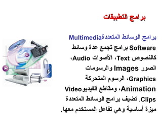 ‫المتعددة‬ ‫الوسائط‬ ‫برامج‬Multimedia
Software‫وسائط‬ ‫عدة‬ ‫تجمع‬ ‫برامج‬
‫كالنصوص‬Text‫الصوات‬ ،Audio،
‫الصور‬Images‫والرسومات‬
Graphics‫المتحركة‬ ‫الرسوم‬ ،
Animation‫الفيديو‬ ‫ومقاطع‬ ،Video
Clips.‫المتعددة‬ ‫الوسائط‬ ‫برامج‬ ‫تضيف‬
‫معها‬ ‫المستخدم‬ ‫تفاعل‬ ‫وهي‬ ‫أساسية‬ ‫ميزة‬.
‫التطبيقات‬ ‫برامج‬ – ‫الثامن‬ ‫الفصل‬ – ‫الثالثة‬ ‫الوحدة‬
‫التطبيقات‬ ‫برامج‬‫التطبيقات‬ ‫برامج‬
 