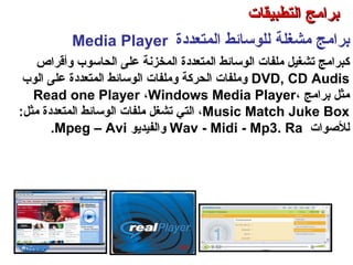 ‫مشغل‬ ‫برامج‬‫ة‬‫المتعددة‬ ‫للوسائط‬Media Player
‫ك‬‫وأقراص‬ ‫الحاسوب‬ ‫على‬ ‫المخزنة‬ ‫المتعددة‬ ‫الوسائط‬ ‫ملفات‬ ‫تشغيل‬ ‫برامج‬
DVD, CD Audis‫المتعددة‬ ‫الوسائط‬ ‫وملفات‬ ‫الحركة‬ ‫وملفات‬‫ع‬‫الوب‬ ‫لى‬
‫برامج‬ ‫مثل‬Read one Player ،Windows Media Player،
Music Match Juke Box،‫التي‬:‫مثل‬ ‫المتعددة‬ ‫الوسائط‬ ‫ملفات‬ ‫تشغل‬
‫ل‬‫لوصوات‬Wav - Midi - Mp3. Ra‫والفيديو‬Mpeg – Avi.
‫التطبيقات‬ ‫برامج‬ – ‫الثامن‬ ‫الفصل‬ – ‫الثالثة‬ ‫الوحدة‬
‫التطبيقات‬ ‫برامج‬‫التطبيقات‬ ‫برامج‬
 