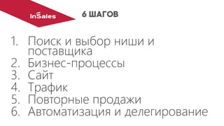 1.Поиск и выбор ниши и поставщика
2.Бизнес-процессы
3.Сайт
4.Трафик
5.Повторные продажи
6.Автоматизация и делегирование