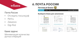 Почта России
•Отследить-посылку.рф
•Pbrf.ru
•Zakazovo
•Digi-Post
Какие задачи:
Минимизация количества ручных итераций