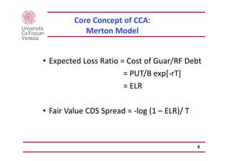 Core Concept of CCA: 
Merton Model 
• Expected Loss Ratio = Cost of Guar/RF Debt
= PUT/B exp[‐rT]
= ELR 
• Fair Value CDS ...