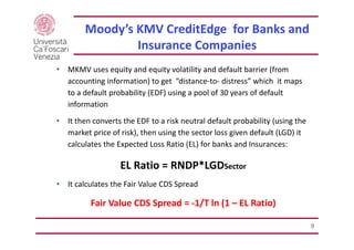 9
Moody’s KMV CreditEdge for Banks and 
Insurance Companies
• MKMV uses equity and equity volatility and default barrier (...