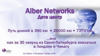 Aiber Networks
Дата центр
Путь длиной в 390 км ≈ 29000 км ≈ 7370 км…
…или
как за 30 секунд из Санкт-Петербурга оказаться
в Лондоне и Чикаго
Go Global, C.Петербург, Ноябрь 2016
 