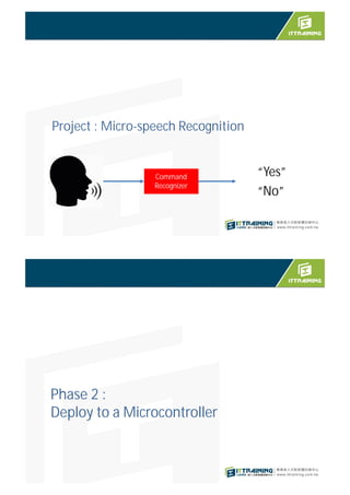Project : Micro-speech Recognition
Command
Recognizer
“No”
“Yes”
Phase 2 :
Deploy to a Microcontroller
 