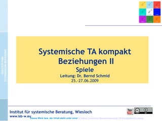 Systemische TA kompakt
Beziehungen II
Spiele
Leitung: Dr. Bernd Schmid
25.-27.06.2009

Institut für systemische Beratung, Wiesloch
www.isb-w.eu

Dieses Werk bzw. der Inhalt steht unter einer Creative Commons Namensnennung 3.0 Deutschland Lizenz.

 