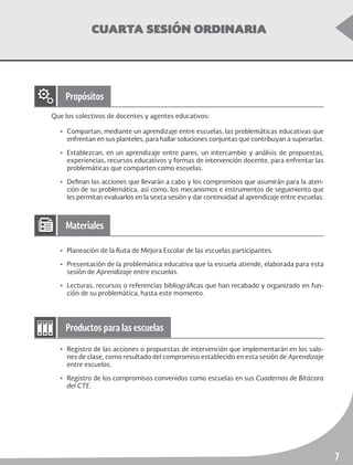 Cuarta Sesión Ordinaria	 Educación Inicial y Preescolar
7
CUARTA SESIÓN ORDINARIA
Que los colectivos de docentes y agentes educativos:
•	 Compartan, mediante un aprendizaje entre escuelas, las problemáticas educativas que
enfrentan en sus planteles, para hallar soluciones conjuntas que contribuyan a superarlas.
•	 Establezcan, en un aprendizaje entre pares, un intercambio y análisis de propuestas,
experiencias, recursos educativos y formas de intervención docente, para enfrentar las
problemáticas que comparten como escuelas.
•	 Definan las acciones que llevarán a cabo y los compromisos que asumirán para la aten-
ción de su problemática, así como, los mecanismos e instrumentos de seguimiento que
les permitan evaluarlos en la sexta sesión y dar continuidad al aprendizaje entre escuelas.
•	 Planeación de la Ruta de Mejora Escolar de las escuelas participantes.
•	 Presentación de la problemática educativa que la escuela atiende, elaborada para esta
sesión de Aprendizaje entre escuelas.
•	 Lecturas, recursos o referencias bibliográficas que han recabado y organizado en fun-
ción de su problemática, hasta este momento.
•	 Registro de las acciones o propuestas de intervención que implementarán en los salo-
nes de clase, como resultado del compromiso establecido en esta sesión de Aprendizaje
entre escuelas.
•	 Registro de los compromisos convenidos como escuelas en sus Cuadernos de Bitácora
del CTE.
Propósitos
Materiales
Productos para las escuelas
 