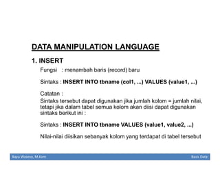 DATA MANIPULATION LANGUAGE
1. INSERT
Fungsi : menambah baris (record) baru
Sintaks : INSERT INTO tbname (col1, ...) VALUES (value1, ...)
Catatan :
Sintaks tersebut dapat digunakan jika jumlah kolom = jumlah nilai,
tetapi jika dalam tabel semua kolom akan diisi dapat digunakan
sintaks berikut ini :
Sintaks : INSERT INTO tbname VALUES (value1, value2, ...)
Nilai-nilai diisikan sebanyak kolom yang terdapat di tabel tersebut

Bayu Waseso, M.Kom

Basis Data

 