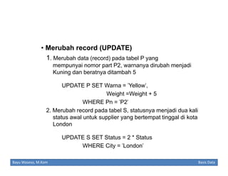 • Merubah record (UPDATE)
1. Merubah data (record) pada tabel P yang
mempunyai nomor part P2, warnanya dirubah menjadi
Kuning dan beratnya ditambah 5
UPDATE P SET Warna = 'Yellow',
Weight =Weight + 5
WHERE Pn = 'P2'
2. Merubah record pada tabel S, statusnya menjadi dua kali
status awal untuk supplier yang bertempat tinggal di kota
London
UPDATE S SET Status = 2 * Status
WHERE City = 'London'
Bayu Waseso, M.Kom

Basis Data

 