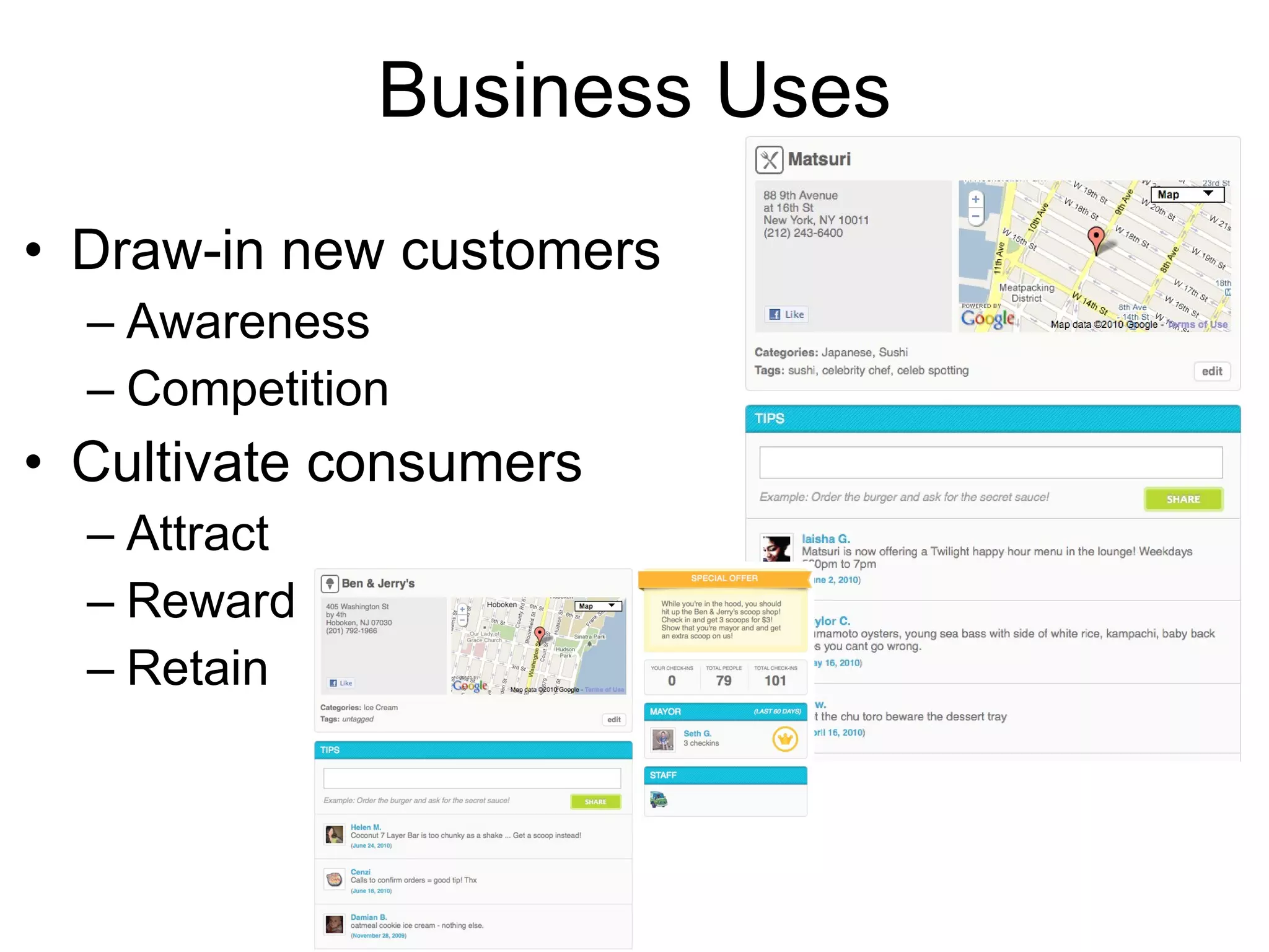 Business Uses Draw-in new customers Awareness Competition Cultivate consumers Attract Reward Retain 