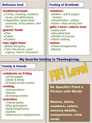 My favorite holiday is Thanksgiving. -relatives Mother—salt & pepper shakers Grandmother—pitcher  Sister—blue serving dish -gifts I have—others lack Joyful work Abundant food  Shelter of a house Warm clothing -nature Floral arrangements Beauty -celebrate on Friday  25-30 people Sister & family Friends across country -visiting Conversations  Gossip Exchange photos -activities Telling stories Play guitar/piano Sing songs/hymns Games Stroll around neighborhood -traditional foods Turkey, dressing, cranberry sauce, and giblet gravy Vegetables--green bean casserole, turnip greens, lima beans -guests’ foods Pies Cakes Cookies  -late night feast Bread and gravy Tear into pieces, cover w/gravy, heat in microwave Feeling of Gratitude Family & friends Delicious food FiFi Level Be Specific! Paint a Picture with Words Names, dates, numbers, colors, sensory details, comparisons, vivid verbs 