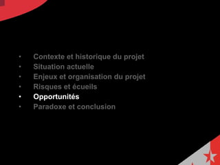 Contexte et historique du projet  Situation actuelle Enjeux et organisation du projet  Risques et écueils Opportunités   Paradoxe et conclusion 