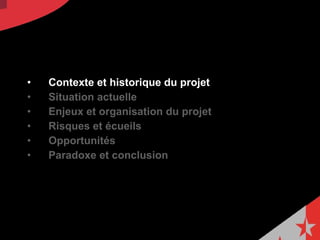 Contexte et historique du projet   Situation actuelle Enjeux et organisation du projet  Risques et écueils Opportunités  Paradoxe et conclusion 