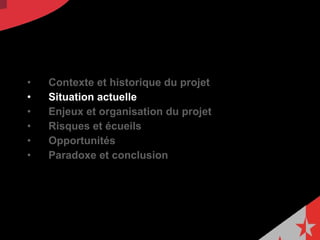 Contexte et historique du projet  Situation actuelle Enjeux et organisation du projet  Risques et écueils Opportunités  Paradoxe et conclusion 