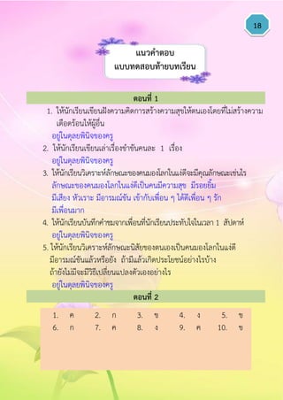 18
ตอนที่ 1
1. ให้นักเรียนเขียนฝังความคิดการสร้างความสุขให้ตนเองโดยที่ไม่สร้างความ
เดือดร้อนให้ผู้อื่น
อยู่ในดุลยพินิจของครู
2. ให้นักเรียนเขียนเล่าเรื่องขาขันคนละ 1 เรื่อง
อยู่ในดุลยพินิจของครู
3. ให้นักเรียนวิเคราะห์ลักษณะของคนมองโลกในแง่ดีจะมีคุณลักษณะเช่นไร
ลักษณะของคนมองโลกในแง่ดีเป็นคนมีความสุข มีรอยยิ้ม
มีเสียง หัวเราะ มีอารมณ์ขัน เข้ากับเพื่อน ๆ ได้ดีเพื่อน ๆ รัก
มีเพื่อนมาก
4. ให้นักเรียนบันทึกคาชมจากเพื่อนที่นักเรียนประทับใจในเวลา 1 สัปดาห์
อยู่ในดุลยพินิจของครู
5. ให้นักเรียนวิเคราะห์ลักษณะนิสัยของตนเองเป็นคนมองโลกในแง่ดี
มีอารมณ์ขันแล้วหรือยัง ถ้ามีแล้วเกิดประโยชน์อย่างไรบ้าง
ถ้ายังไม่มีจะมีวิธีเปลี่ยนแปลงตัวเองอย่างไร
อยู่ในดุลยพินิจของครู
ตอนที่ 2
1. ค 2. ก 3. ข 4. ง 5. ข
6. ก 7. ค 8. ง 9. ค 10. ข
แนวคำตอบ
แบบทดสอบท้ำยบทเรียน
 