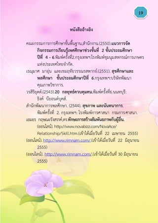 19
หนังสืออ้ำงอิง
คณะกรรมการการศึกษาขั้นพื้นฐาน,สานักงาน.(2550).แนวกำรจัด
กิจกรรมกำรเรียนรู้เพศศึกษำช่วงชั้นที่ 2 ชั้นประถมศึกษำ
ปีที่ 4 - 6.พิมพ์ครั้งที่2.กรุงเทพฯ:โรงพิมพ์ชุมนุมสหกรณ์การเกษตร
แห่งประเทศไทยจากัด.
เรณุมาศ มาอุ่น และเขมฤทัยวรรณรสพากย์.(2551). สุขศึกษำและ
พลศึกษำ ชั้นประถมศึกษำปีที่ 6.กรุงเทพฯ:บริษัทพัฒนา
คุณภาพวิชาการ.
วรสิริยุตต์.(2543).20 กลยุทธ์ควบคุมคน.พิมพ์ครั้งที่6.นนทบุรี:
ธิงค์ บียอนด์บุคส์.
สานักพัฒนาการพลศึกษา. (2544). สุขภำพ และนันทนำกำร.
พิมพ์ครั้งที่ 2. กรุงเทพฯ: โรงพิมพ์การศาสนา กรมการศาสนา.
เอมอร กฤษณะรังสรรค์,ดร.ทักษะกำรสร้ำงสัมพันธภำพกับผู้อื่น.
(ออนไลน์). http://www.novabizz.com/NovaAce/
Relationship/Skill.htm.(เข้าได้เมื่อวันที่ 22 เมษายน 2555)
(ออนไลน์). http://www.rimnam.com/.(เข้าได้เมื่อวันที่ 22 มิถุนายน
2555)
(ออนไลน์). http://www.rimnam.com/.(เข้าได้เมื่อวันที่ 30 มิถุนายน
2555)
 