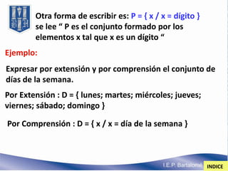 Otra forma de escribir es: P = { x / x = dígito }
        se lee “ P es el conjunto formado por los
        elementos x tal que x es un dígito “
Ejemplo:
Expresar por extensión y por comprensión el conjunto de
días de la semana.
Por Extensión : D = { lunes; martes; miércoles; jueves;
viernes; sábado; domingo }

Por Comprensión : D = { x / x = día de la semana }



                                                            INDICE
 