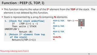 10
Function : PEEP (S, TOP, I)
 This function returns the value of the Ith
element from the TOP of the stack. The
element is not deleted by this function.
 Stack is represented by a array S containing N elements.
1. [Check for stack underflow]
If (TOP-I)+1 ≤ -1
Then write (‘STACK
UNDERFLOW’)
Return (0)
2. [Return Ith
element from top
of the stack]
Return(S[TOP–I+1])
S
10
8
-5
TOP = 2
PEEP (S, TOP,
2) 8
PEEP (S, TOP,
3)
10
PEEP (S, TOP,
4)
Underflo
w
*Assuming indexing starts from 0
 