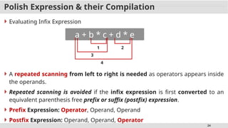 24
Polish Expression & their Compilation
 Evaluating Infix Expression
a + b * c + d * e
1 2
3
4
 A repeated scanning from left to right is needed as operators appears inside
the operands.
 Repeated scanning is avoided if the infix expression is first converted to an
equivalent parenthesis free prefix or suffix (postfix) expression.
 Prefix Expression: Operator, Operand, Operand
 Postfix Expression: Operand, Operand, Operator
 