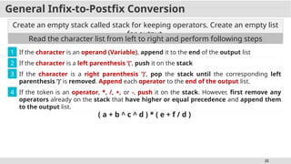32
2
General Infix-to-Postfix Conversion
Create an empty stack called stack for keeping operators. Create an empty list
for output.
Read the character list from left to right and perform following steps
If the character is an operand (Variable), append it to the end of the output list
1
If the character is a left parenthesis ‘(’, push it on the stack
If the character is a right parenthesis ‘)’, pop the stack until the corresponding left
parenthesis ‘)’ is removed. Append each operator to the end of the output list.
3
If the token is an operator, *, /, +, or -, push it on the stack. However, first remove any
operators already on the stack that have higher or equal precedence and append them
to the output list.
4
( a + b ^ c ^ d ) * ( e + f / d )
 