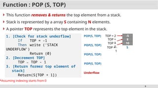 9
Function : POP (S, TOP)
 This function removes & returns the top element from a stack.
 Stack is represented by a array S containing N elements.
 A pointer TOP represents the top element in the stack.
1. [Check for stack underflow]
If TOP = -1
Then write (‘STACK
UNDERFLOW’)
Return (0)
2. [Decrement TOP]
TOP ← TOP - 1
3. [Return former top element of
stack]
Return(S[TOP + 1])
S
10
8
-5
POP(S, TOP) TOP = 2
TOP =
1
POP(S, TOP)
TOP =
0
POP(S, TOP)
TOP = -
1
POP(S, TOP)
Underflow
*Assuming indexing starts from 0
 