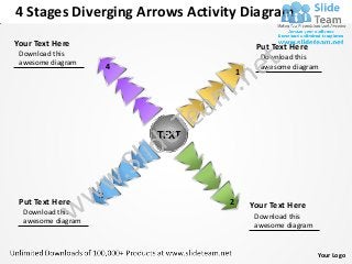 4 Stages Diverging Arrows Activity Diagram
Your Text Here                              Put Text Here
 Download this
                                             Download this
 awesome diagram
                        4                    awesome diagram
                                       1




                            TEXT




                    3
 Put Text Here                     2       Your Text Here
  Download this
                                            Download this
  awesome diagram
                                            awesome diagram


                                                              Your Logo
 